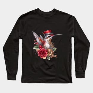 Steampunk Hummingbird with Red Hat and Clocks Long Sleeve T-Shirt